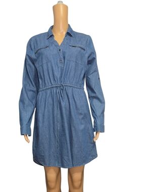 New Look Soft Chambray Utility  Shirt Dress with Drawstring Waist Blue Size Med